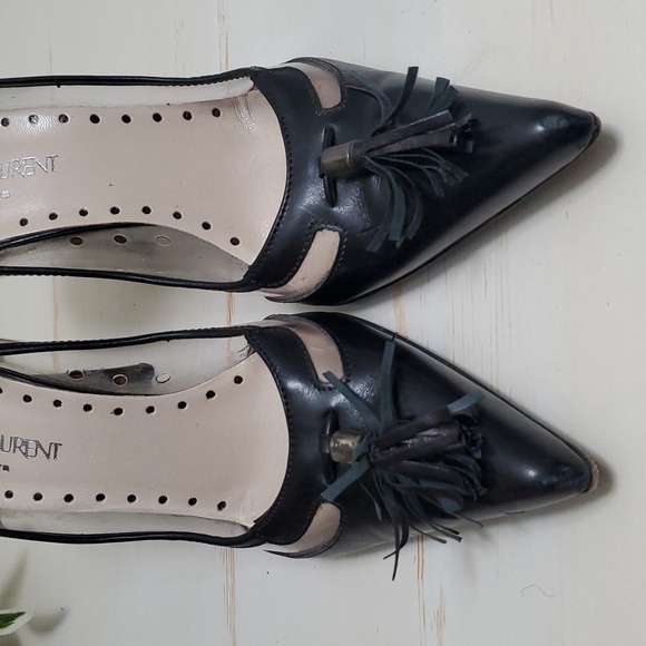 Yves Saint Laurent | Rive Gauche Black Leather Pumps With Tassels Sz 38 - Picture 2 of 13